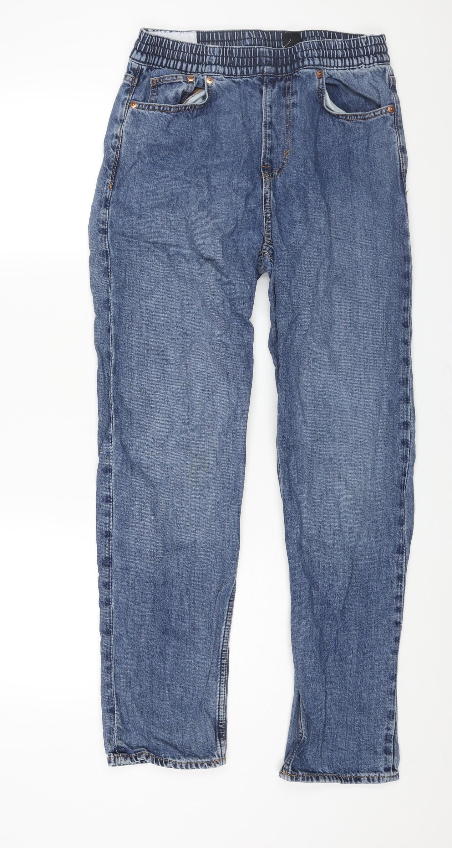 H&M Mens Blue Cotton Straight Jeans Size S L31 in Regular - Elasticated Waist