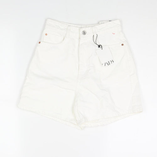 Zara Womens White Cotton Mom Shorts Size 6 L4 in Regular Zip