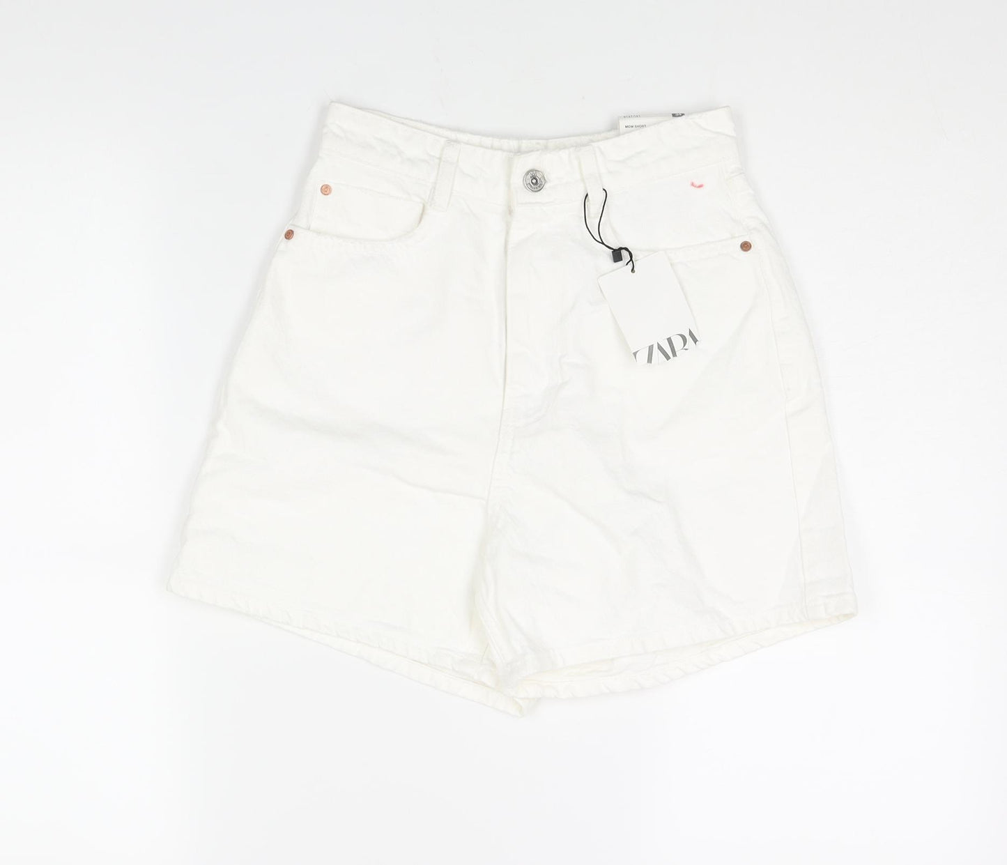 Zara Womens White Cotton Mom Shorts Size 6 L4 in Regular Zip