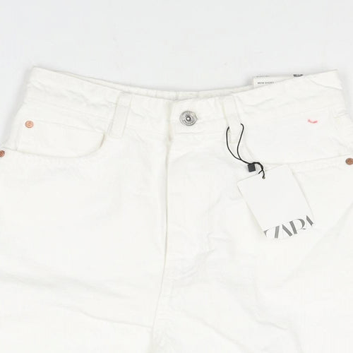Zara Womens White Cotton Mom Shorts Size 6 L4 in Regular Zip
