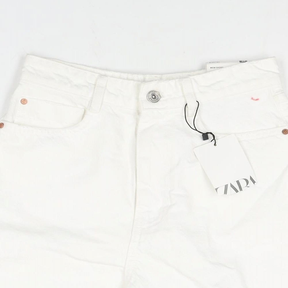 Zara Womens White Cotton Mom Shorts Size 6 L4 in Regular Zip