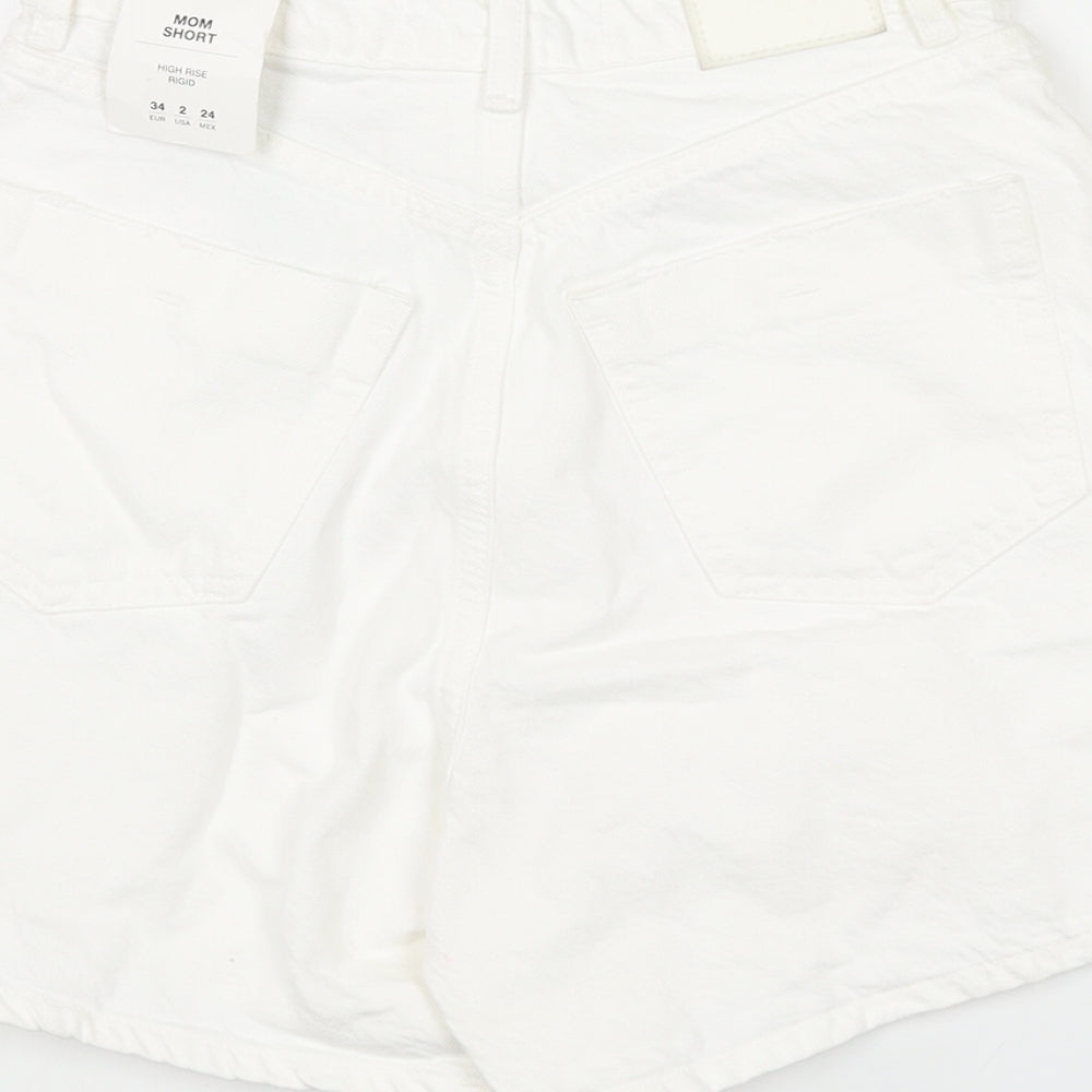 Zara Womens White Cotton Mom Shorts Size 6 L4 in Regular Zip
