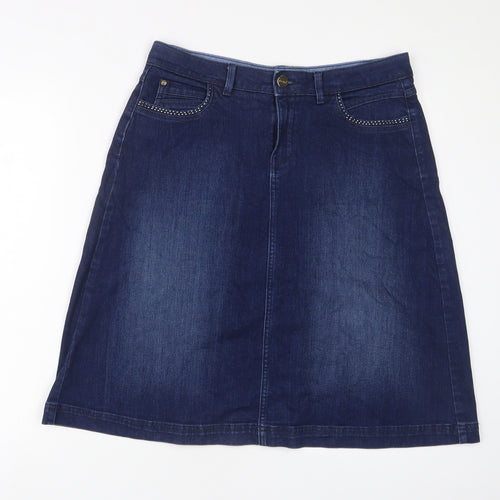 Per Una Womens Blue Cotton A-Line Skirt Size 14 Zip - Studded