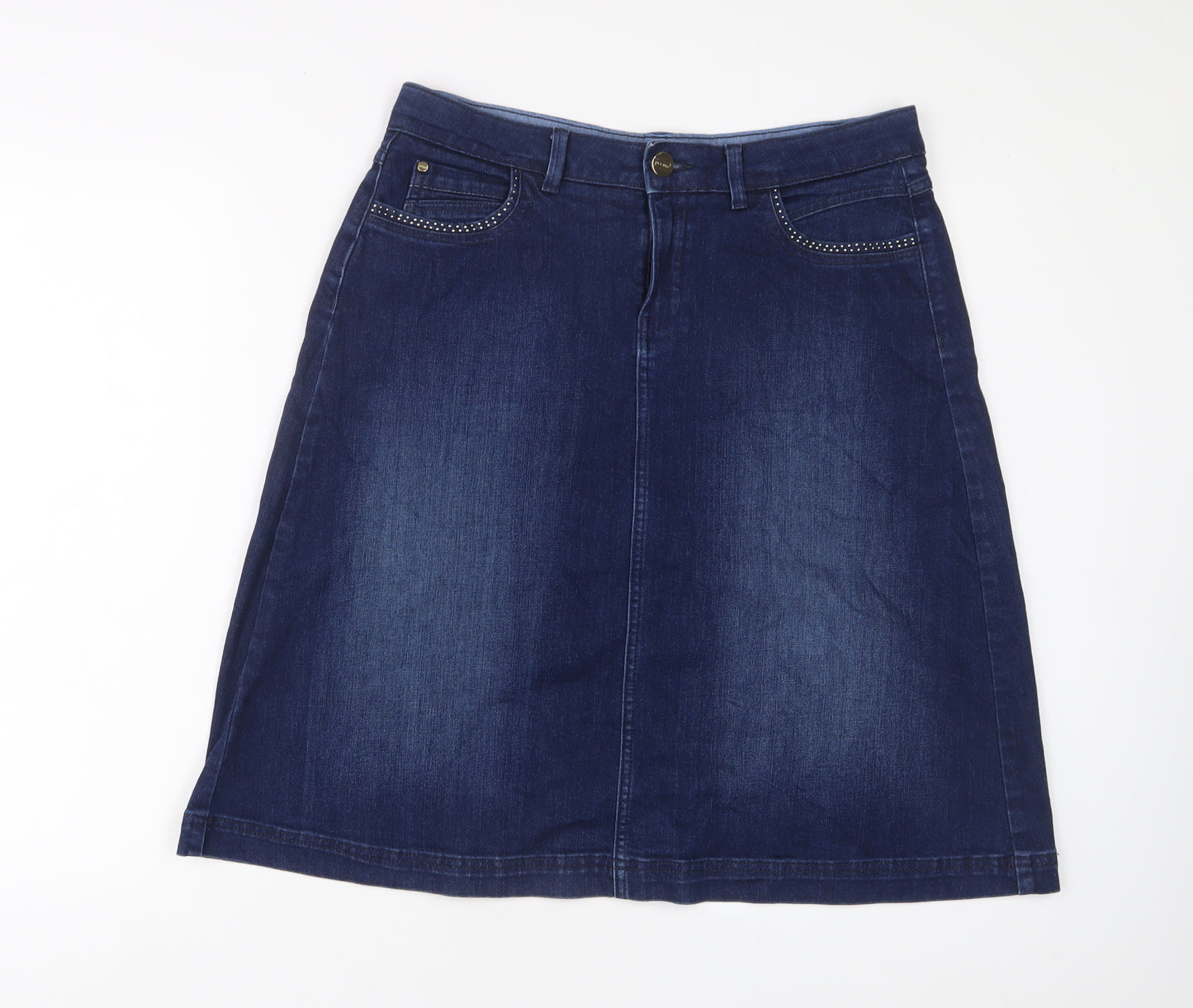 Per Una Womens Blue Cotton A-Line Skirt Size 14 Zip - Studded