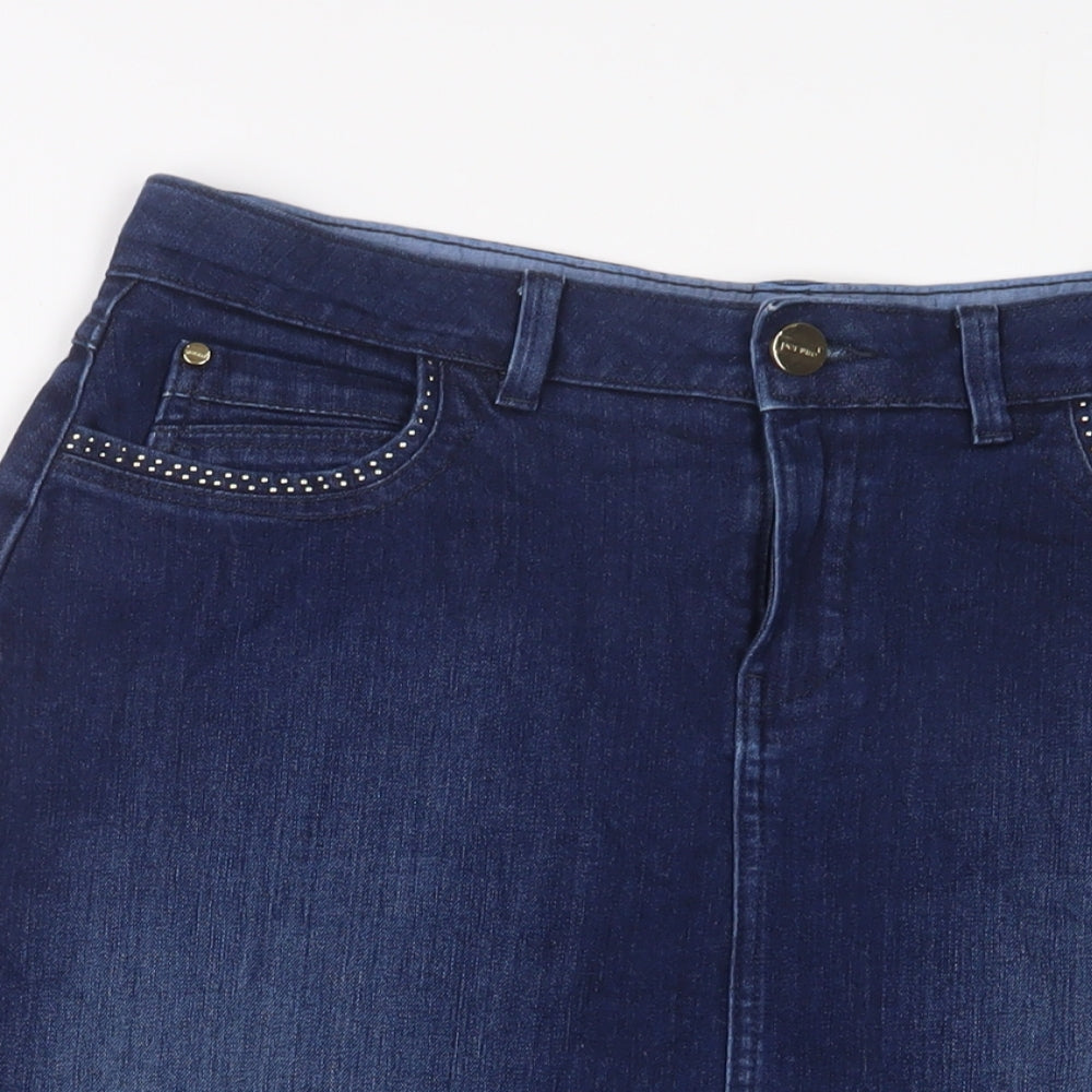 Per Una Womens Blue Cotton A-Line Skirt Size 14 Zip - Studded