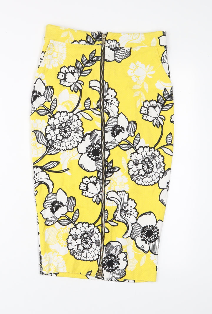 River Island Womens Yellow Floral Polyester A-Line Skirt Size 8 Zip