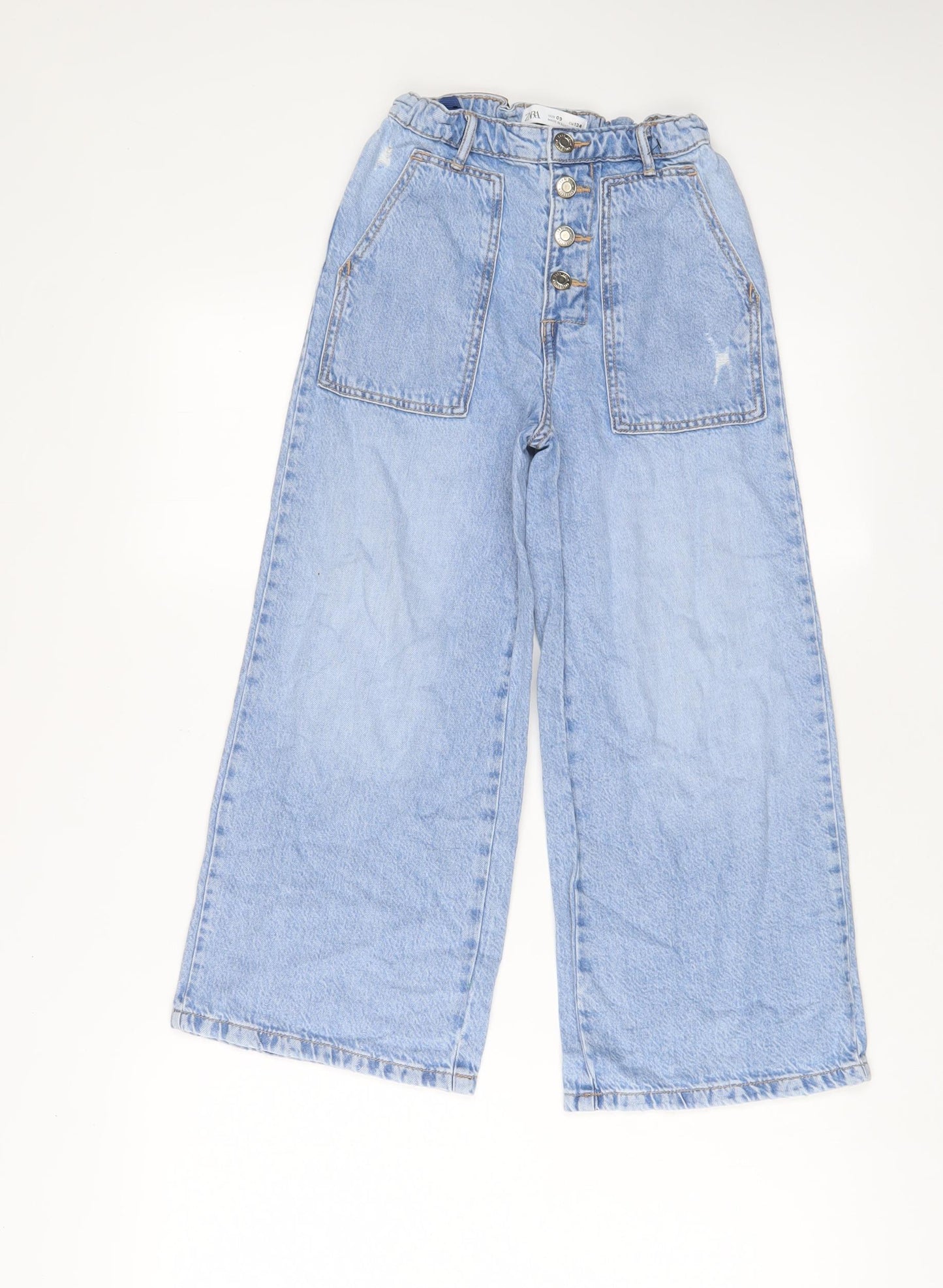 Zara Girls Blue Cotton Wide-Leg Jeans Size 9 Years L21 in Regular Zip - Adjustable waist