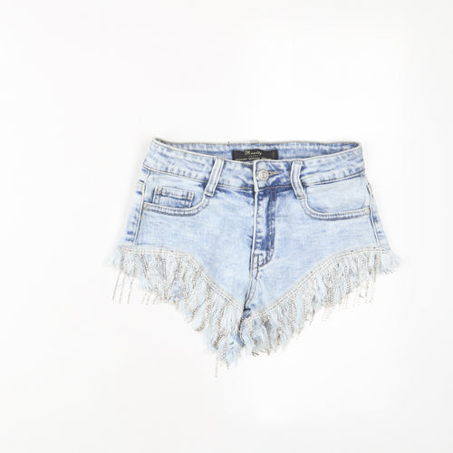 Realty Womens Blue Cotton Hot Pants Shorts Size XS Regular Zip - Tassles