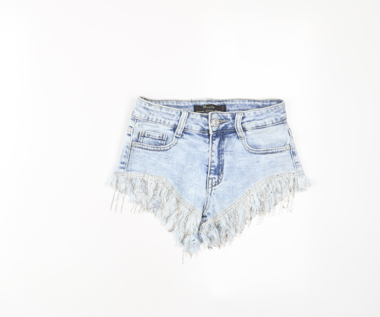 Realty Womens Blue Cotton Hot Pants Shorts Size XS Regular Zip - Tassles