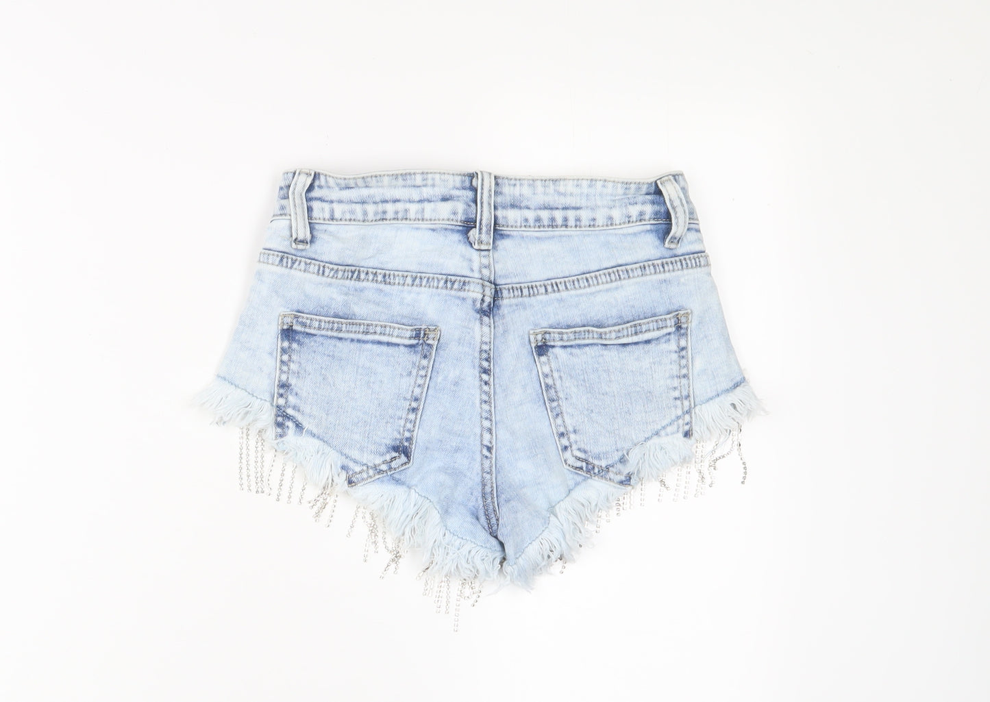 Realty Womens Blue Cotton Hot Pants Shorts Size XS Regular Zip - Tassles