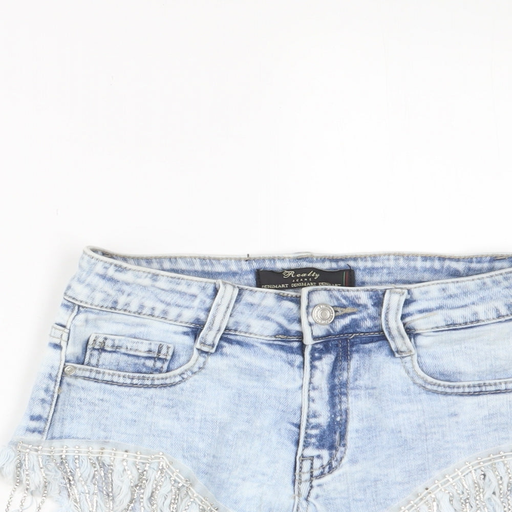 Realty Womens Blue Cotton Hot Pants Shorts Size XS Regular Zip - Tassles