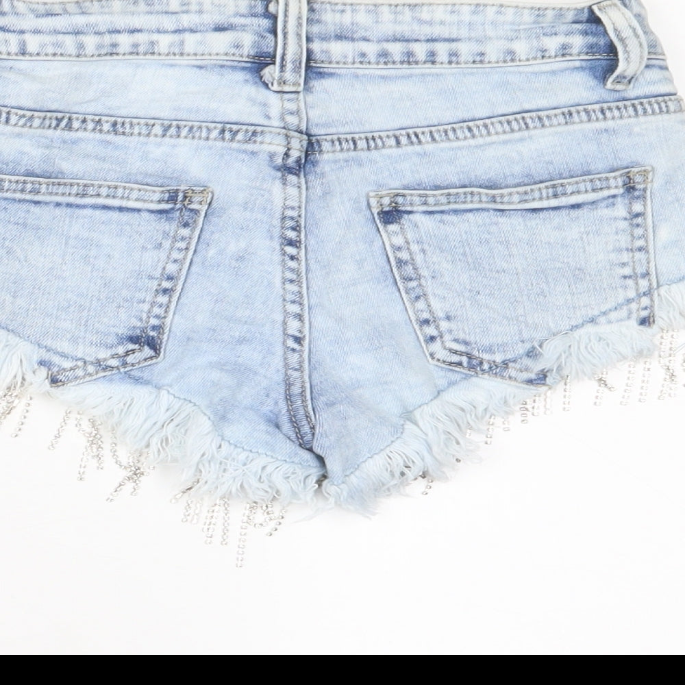 Realty Womens Blue Cotton Hot Pants Shorts Size XS Regular Zip - Tassles