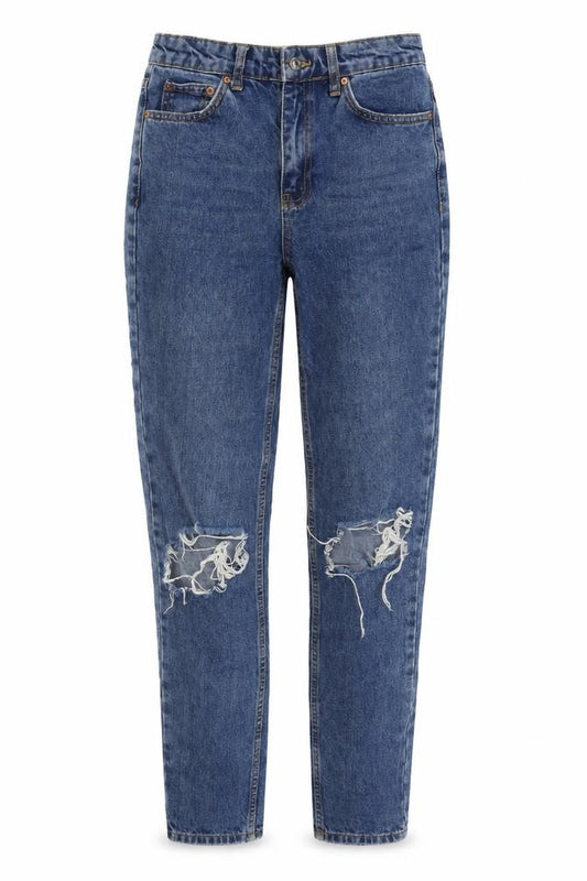 Front view of Topshop women’s blue cotton mom jeans, size UK 26, 34-inch leg regular zip
