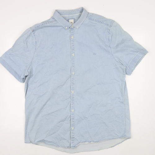 River Island Mens Blue Cotton Button-Up Size 2XL Collared Button