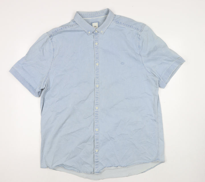 River Island Mens Blue Cotton Button-Up Size 2XL Collared Button