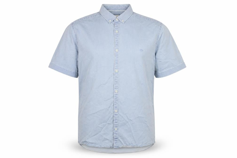 Front view of River Island men’s blue cotton button-up, size 2XL, collared button