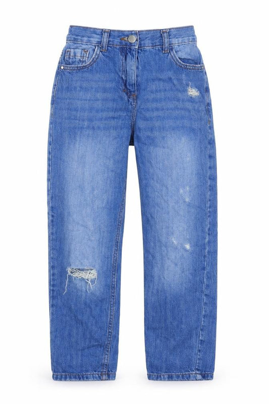Front view of Next girls’ blue cotton straight jeans, size 9, years, 21-inch leg regular zip