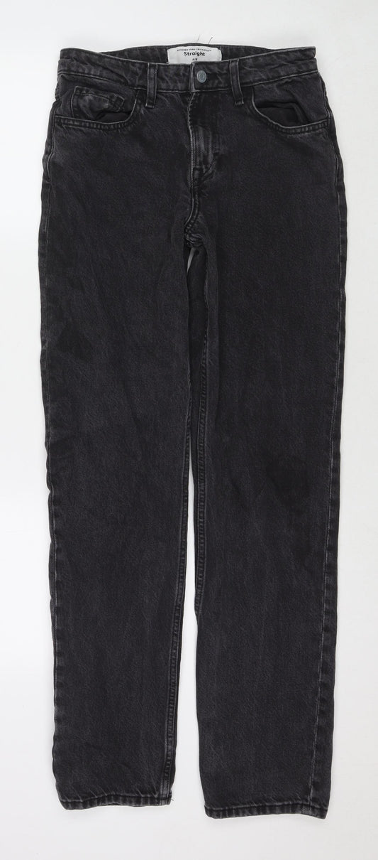 Front view of H&M women’s black cotton straight jeans, size UK 8, 31-inch leg regular zip
