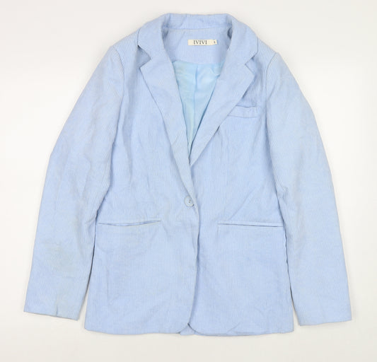 Front view of IVIVI women’s blue jacket blazer, size S, button