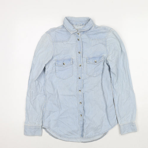Topshop Womens Blue Cotton Basic Button-Up Size 6 Collared