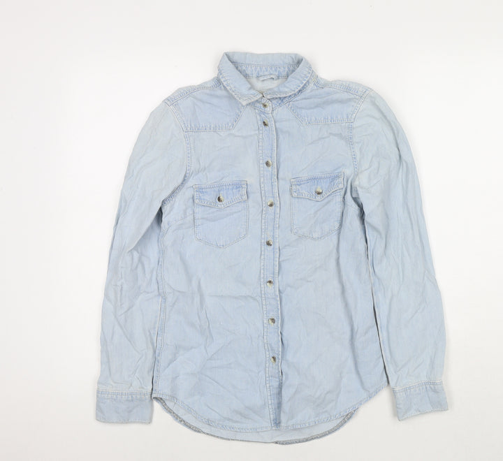 Topshop Womens Blue Cotton Basic Button-Up Size 6 Collared