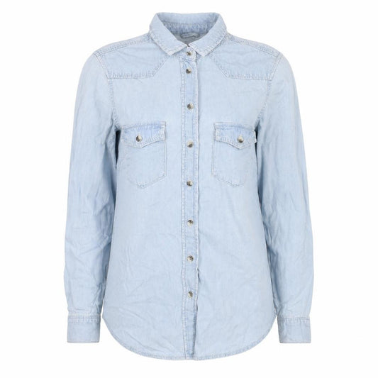 Front view of Topshop women’s blue cotton basic button-up, size UK 6, collared