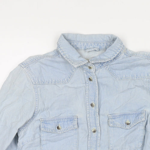 Topshop Womens Blue Cotton Basic Button-Up Size 6 Collared