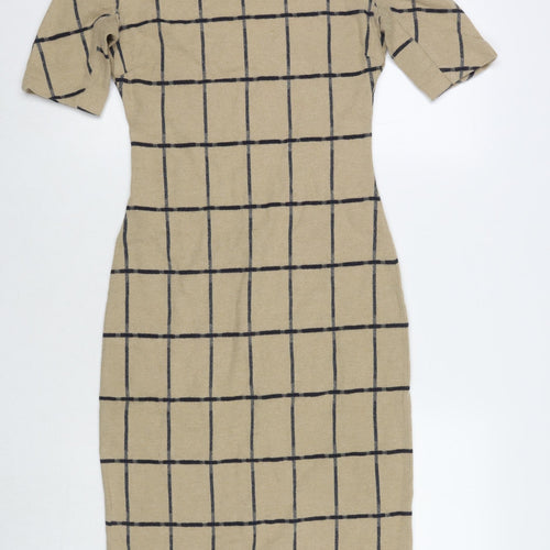 Zara Womens Brown Check Polyester Blend A-Line Size S Boat Neck Zip