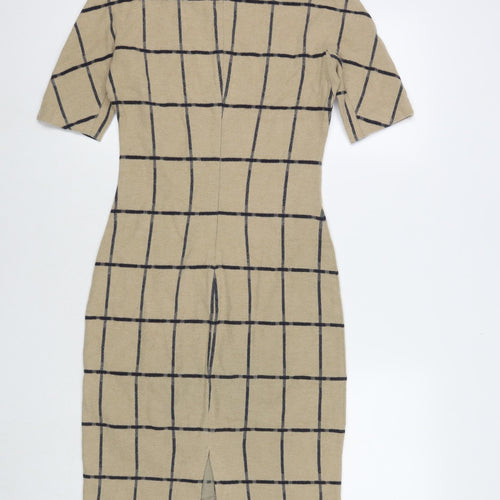 Zara Womens Brown Check Polyester Blend A-Line Size S Boat Neck Zip