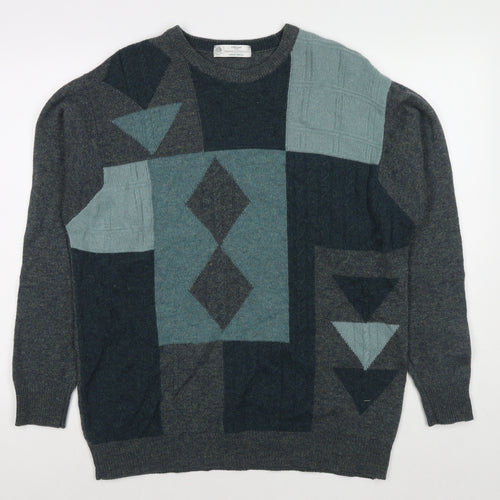 St Michael Mens Grey Round Neck Geometric Wool Pullover Jumper Size M Long Sleeve