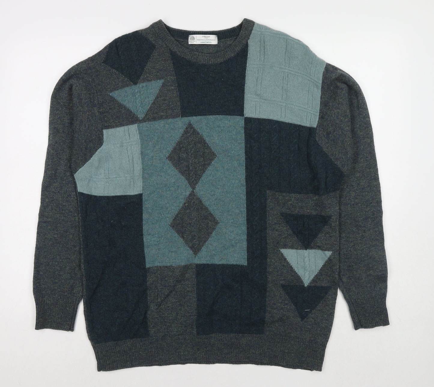 St Michael Mens Grey Round Neck Geometric Wool Pullover Jumper Size M Long Sleeve