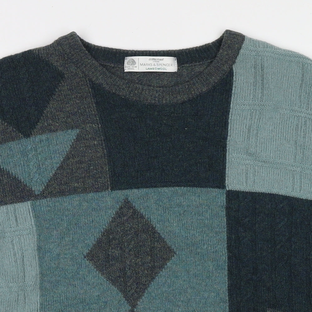 St Michael Mens Grey Round Neck Geometric Wool Pullover Jumper Size M Long Sleeve