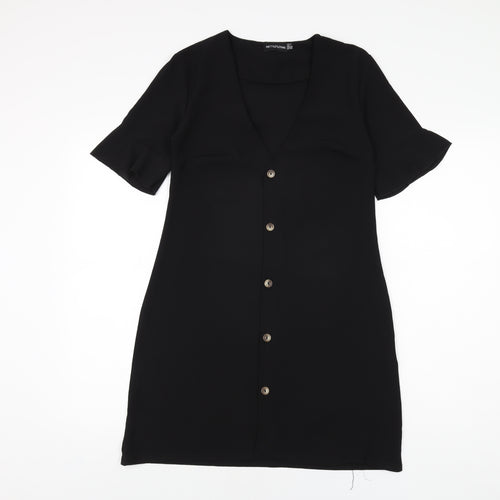 PRETTYLITTLETHING Womens Black Polyester Shift Size 4 V-Neck Button