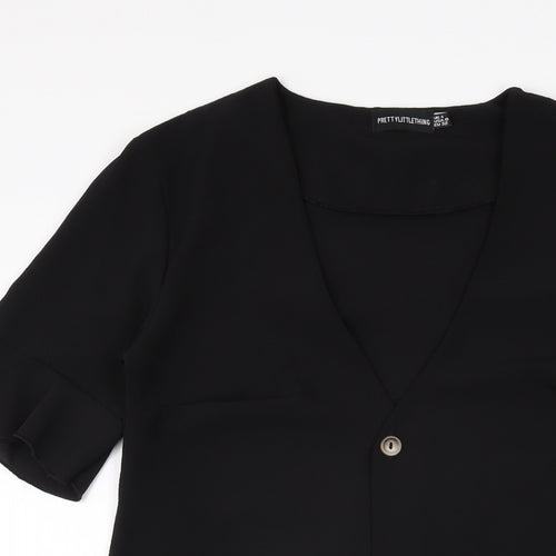 PRETTYLITTLETHING Womens Black Polyester Shift Size 4 V-Neck Button