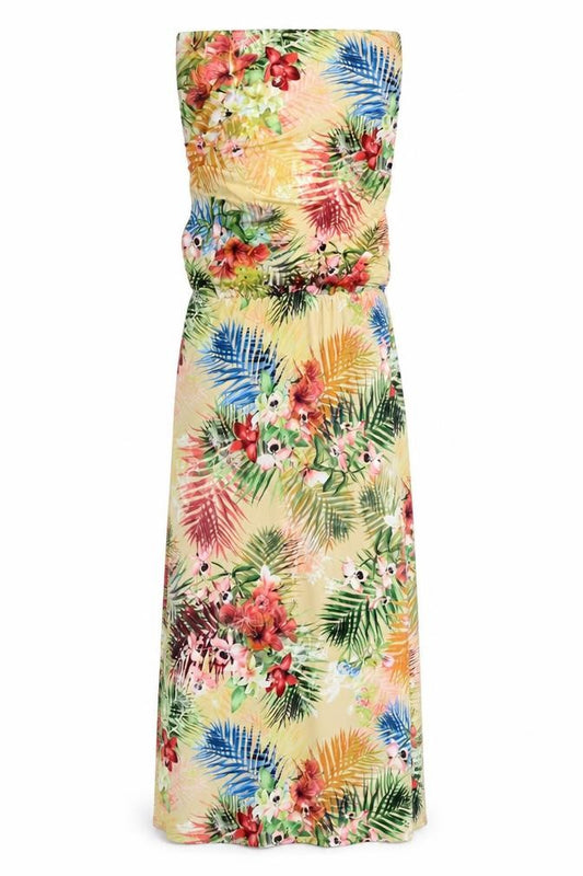 Front view of Amy Childs women’s multicoloured floral polyester maxi, size UK 8, off the shoulder pullover