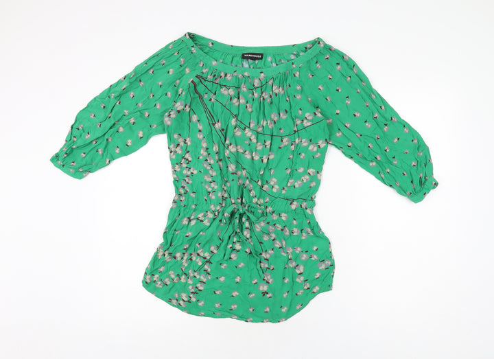 Warehouse Womens Green Floral Viscose Basic T-Shirt Size 8 Scoop Neck