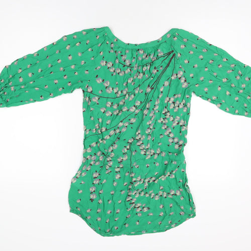 Warehouse Womens Green Floral Viscose Basic T-Shirt Size 8 Scoop Neck