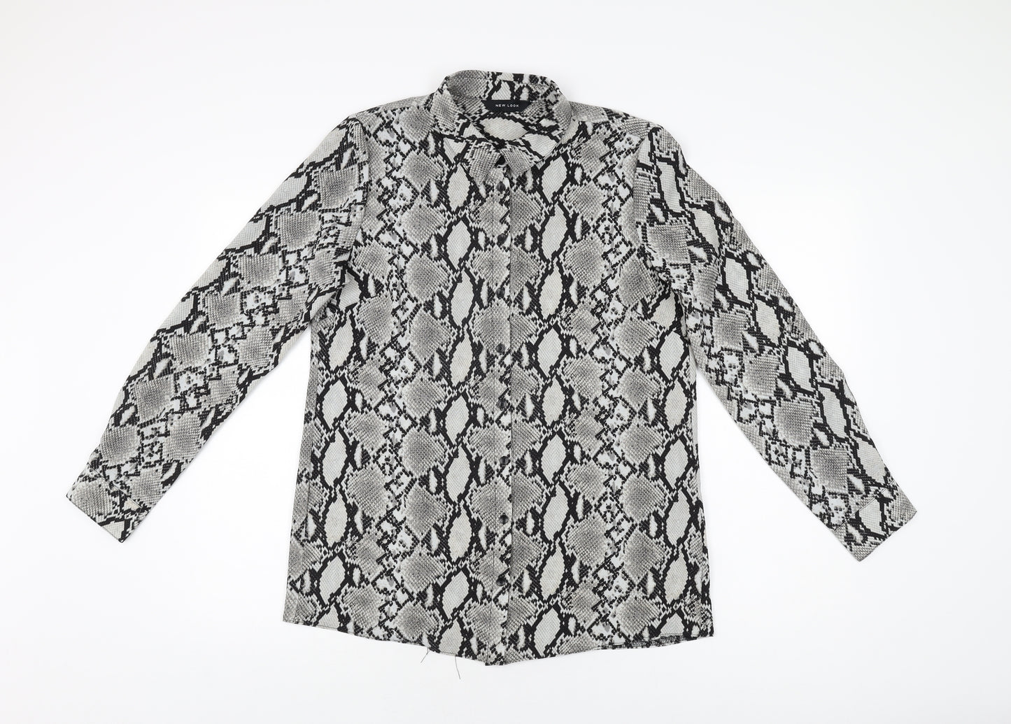 New Look Womens Grey Animal Print Polyester Basic Button-Up Size 12 Collared - Snake Print