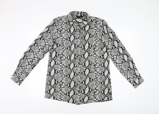 Front view of New Look women’s grey animal print polyester basic button-up, size UK 12, collared - snake print