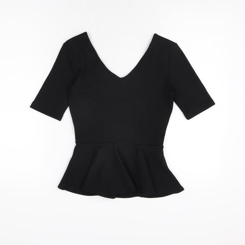 Topshop Womens Black Polyester Basic T-Shirt Size 8 V-Neck