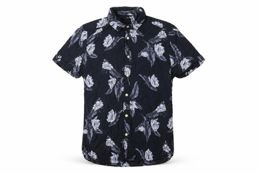 Front view of Very women’s blue floral viscose basic button-up, size M, collared