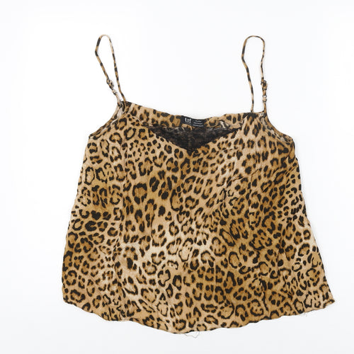 Zara Womens Beige Animal Print Viscose Camisole T-Shirt Size M V-Neck - Leopard Print