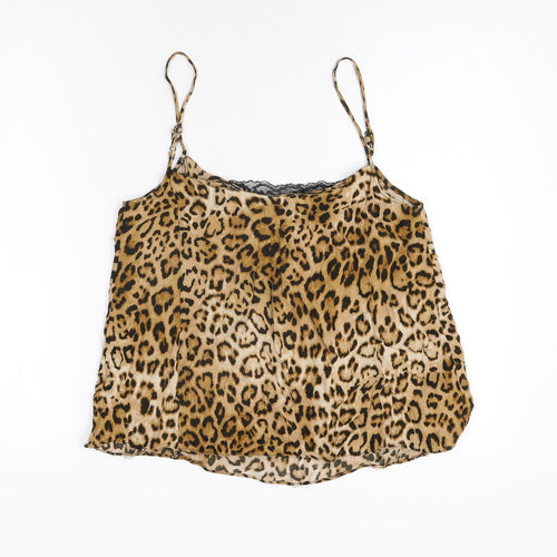 Zara Womens Beige Animal Print Viscose Camisole T-Shirt Size M V-Neck - Leopard Print