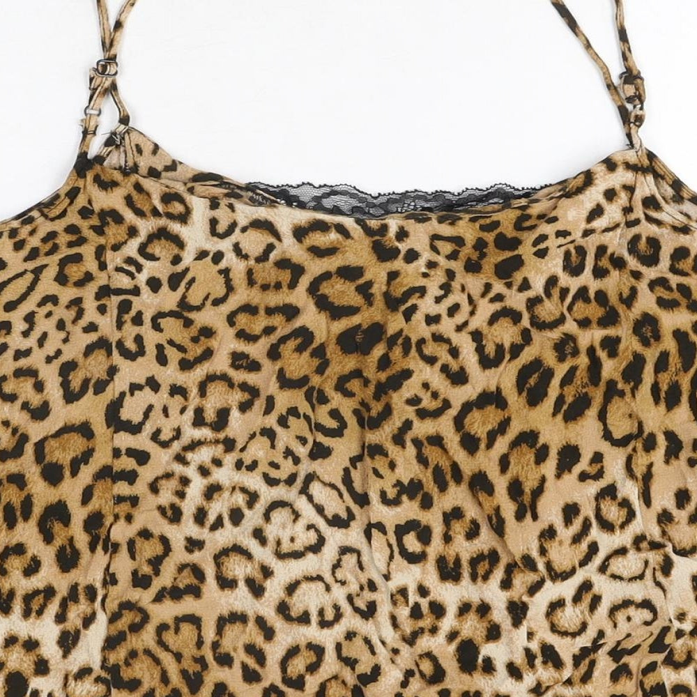 Zara Womens Beige Animal Print Viscose Camisole T-Shirt Size M V-Neck - Leopard Print