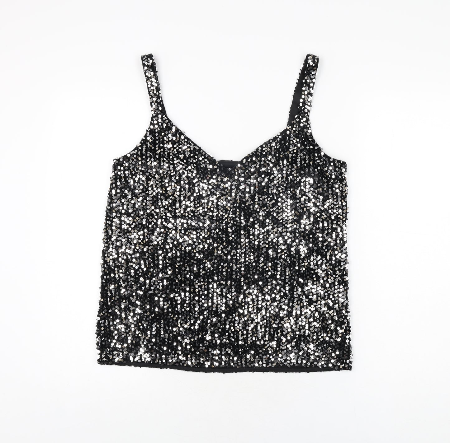 NEXT Womens Black Polyester Basic T-Shirt Size 12 V-Neck - Sequins