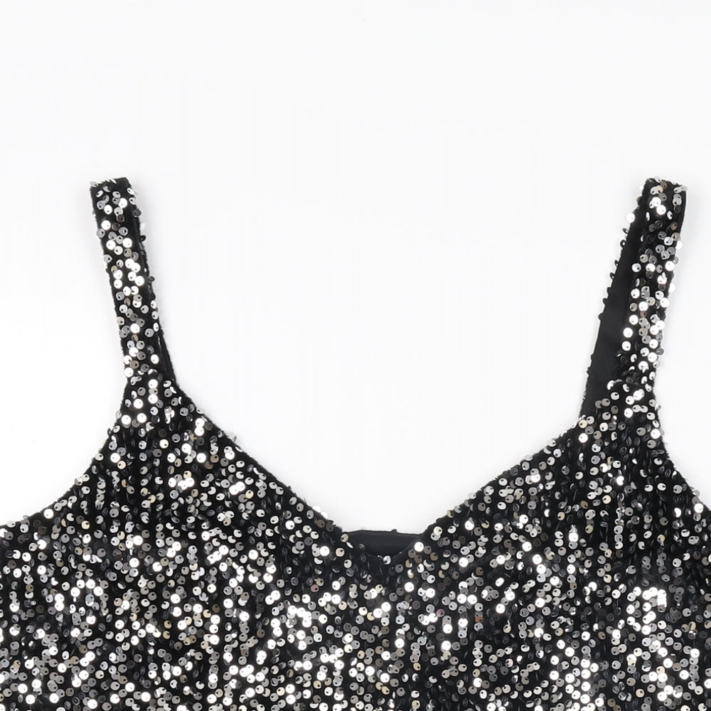 NEXT Womens Black Polyester Basic T-Shirt Size 12 V-Neck - Sequins