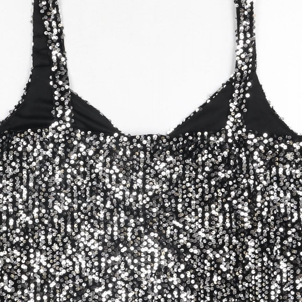 NEXT Womens Black Polyester Basic T-Shirt Size 12 V-Neck - Sequins