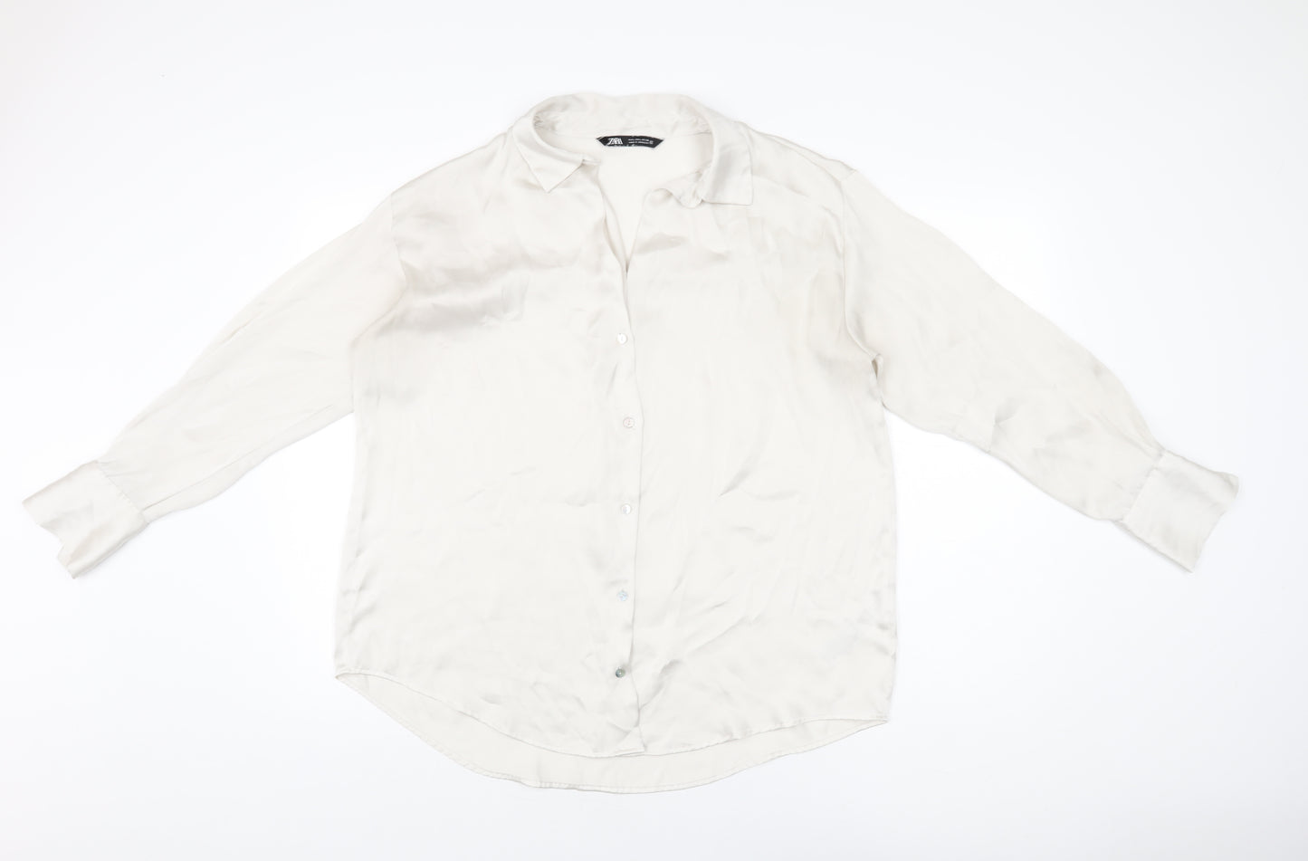 Zara Womens Ivory Polyester Basic Button-Up Size L Collared