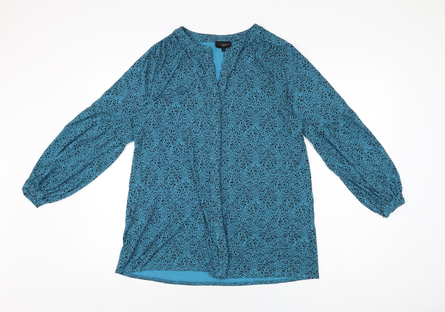 Live Unlimited London Womens Blue Geometric Viscose Basic Button-Up Size 14 V-Neck