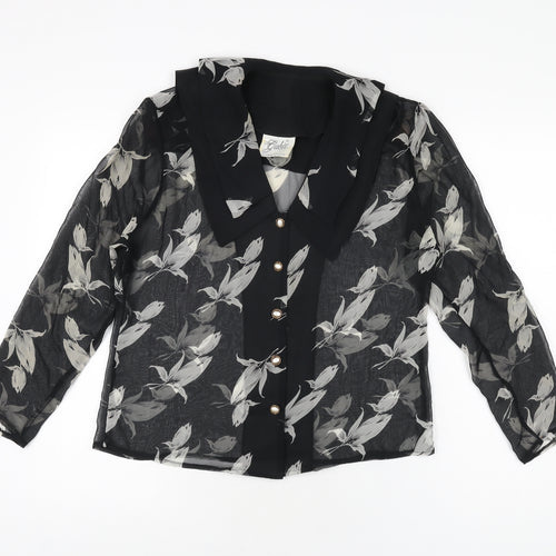 Gabiz Womens Black Floral Polyester Basic Button-Up Size 12 Collared